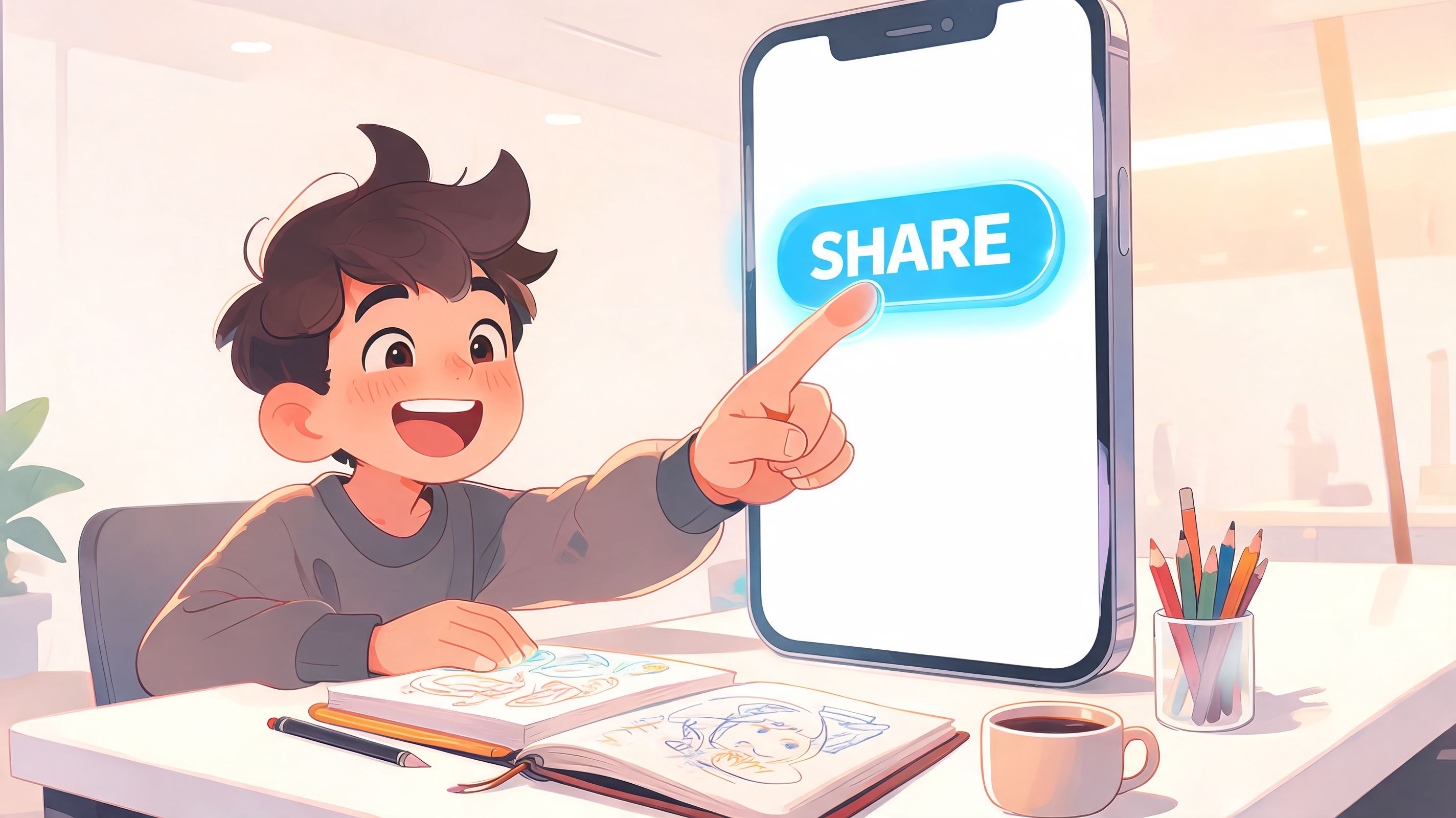 A happy child sitting at a desk pointing at a large smartphone screen with a blue share button.