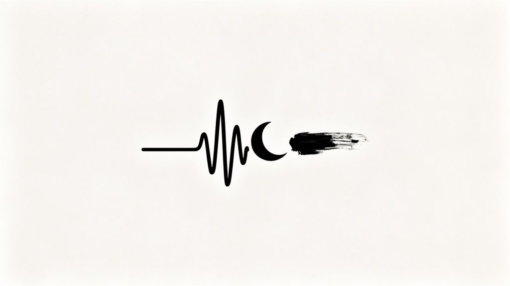 A minimalist black and white illustration with a heartbeat line, a crescent moon, and a brushstroke.