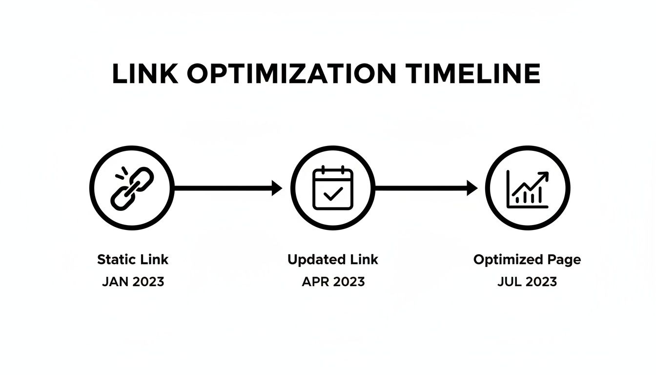 A link optimization timeline showing three stages: static link, updated link, and optimized page over six months.