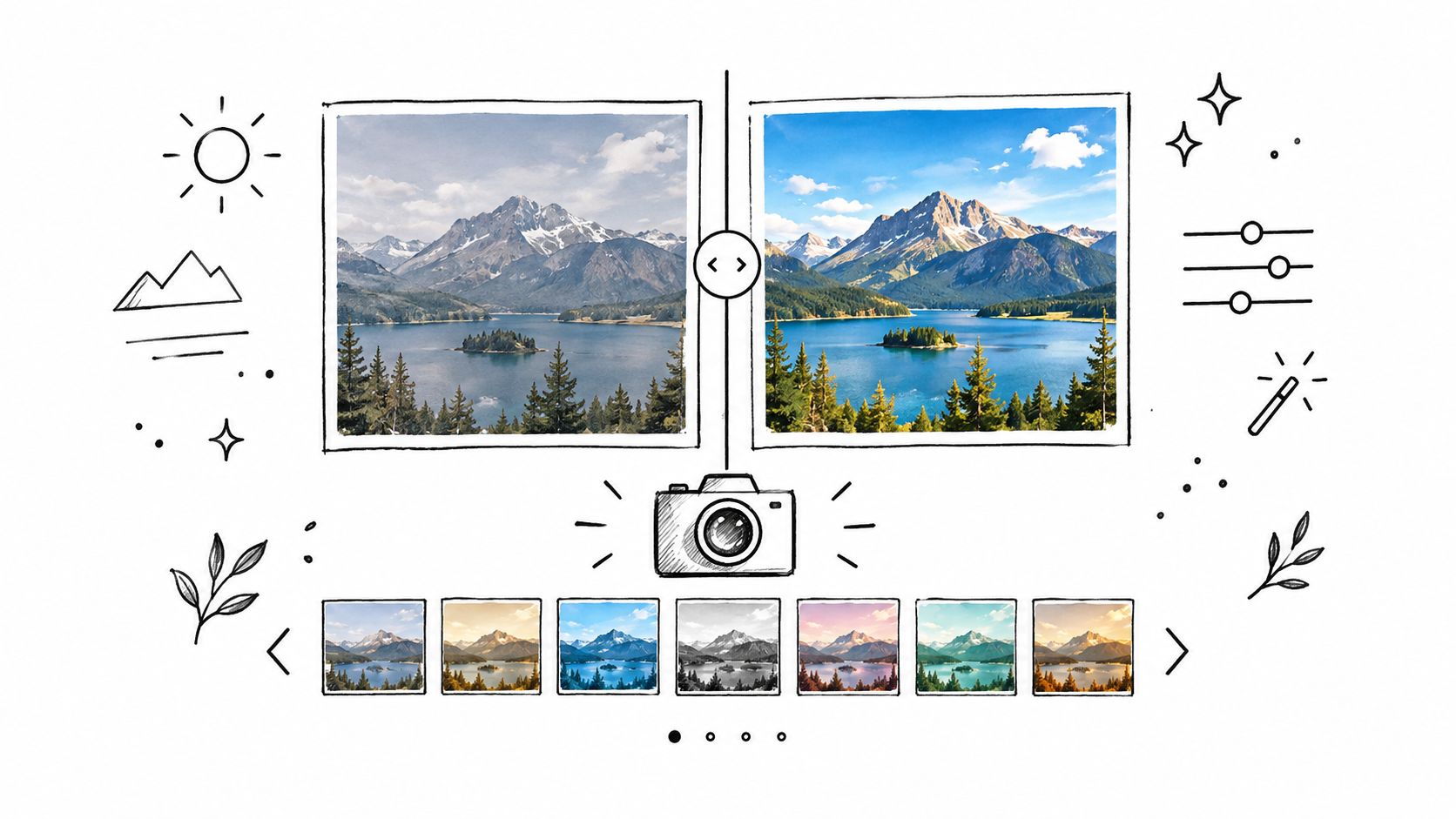 An illustration showing photo editing software with a before and after comparison of a mountain landscape.