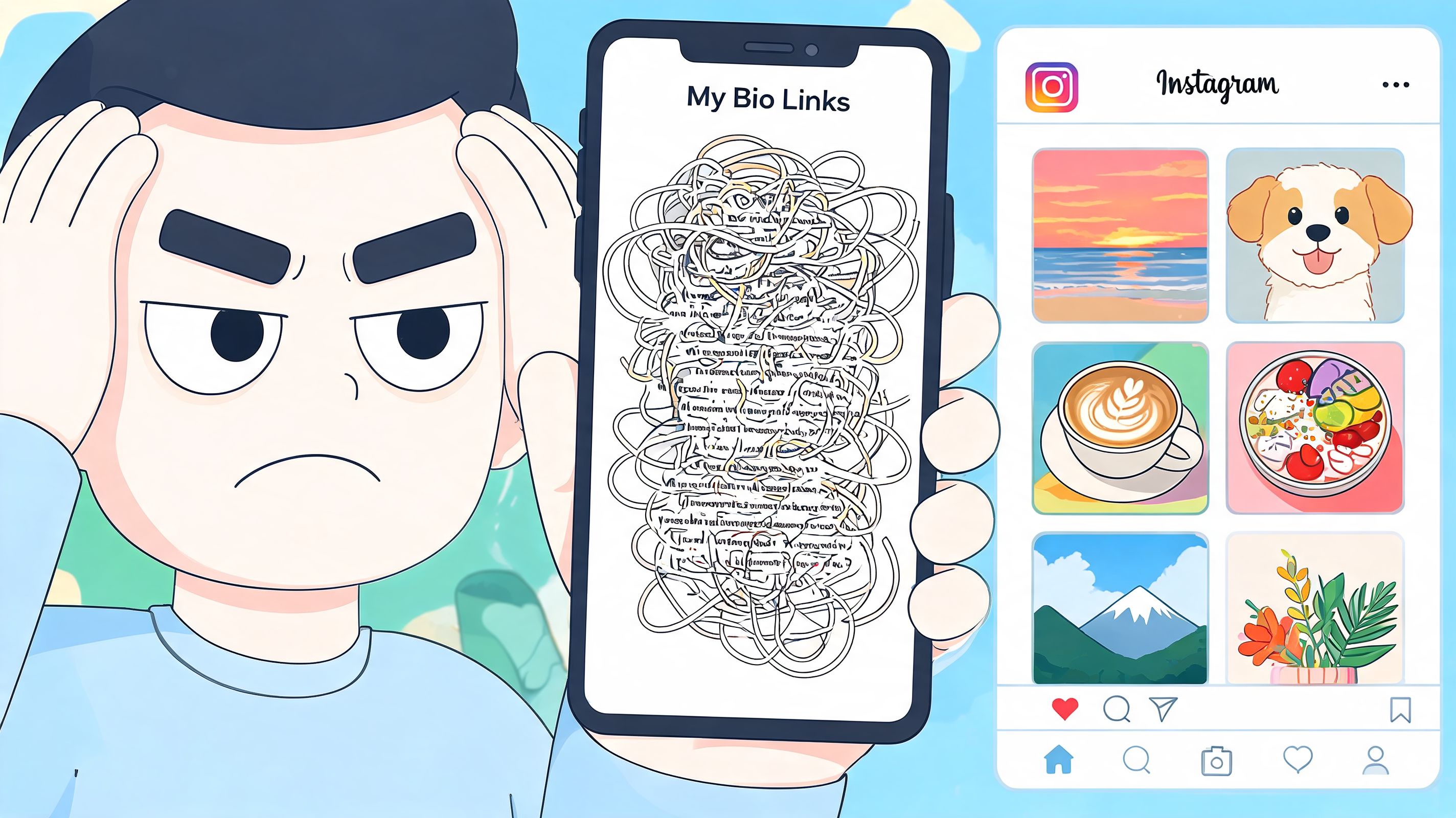 A frustrated person holding a phone showing a tangled mess of links next to an Instagram profile.