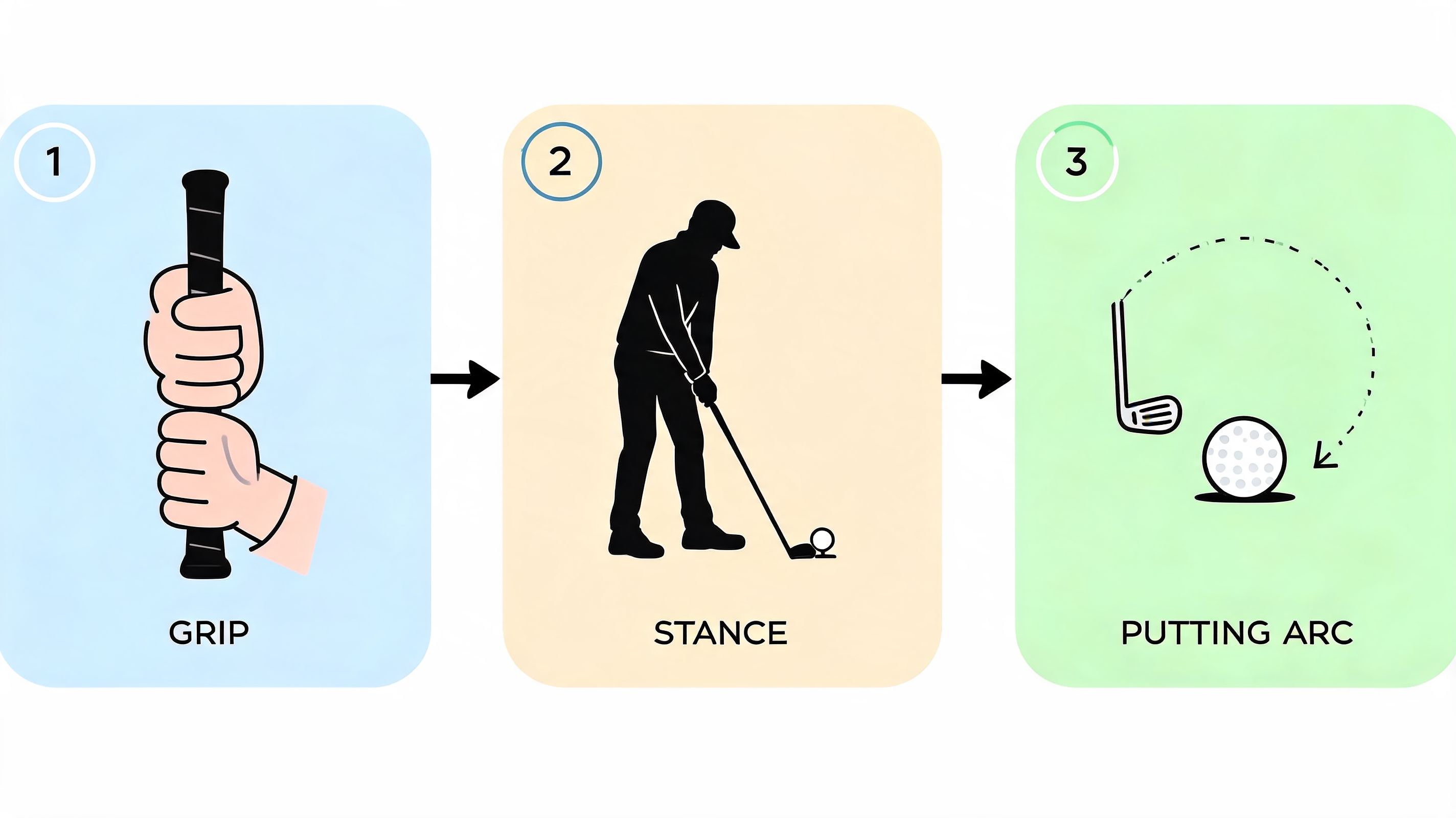 A simple three-step infographic showing the basic fundamentals of golf including grip, stance, and putting arc.