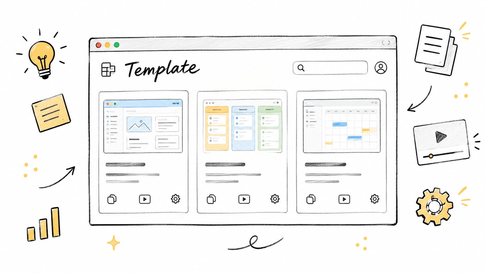 A hand-drawn digital illustration of a template interface with various project management layout options on a white background.