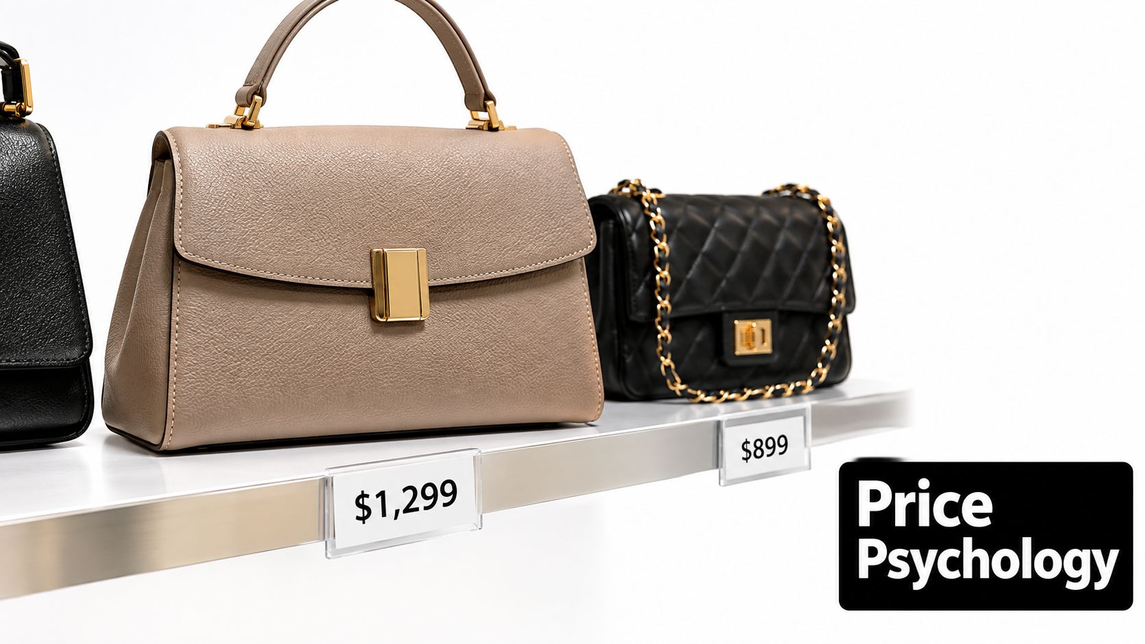 Luxury handbags displayed on a store shelf with price tags for sales promotion strategy demonstration.