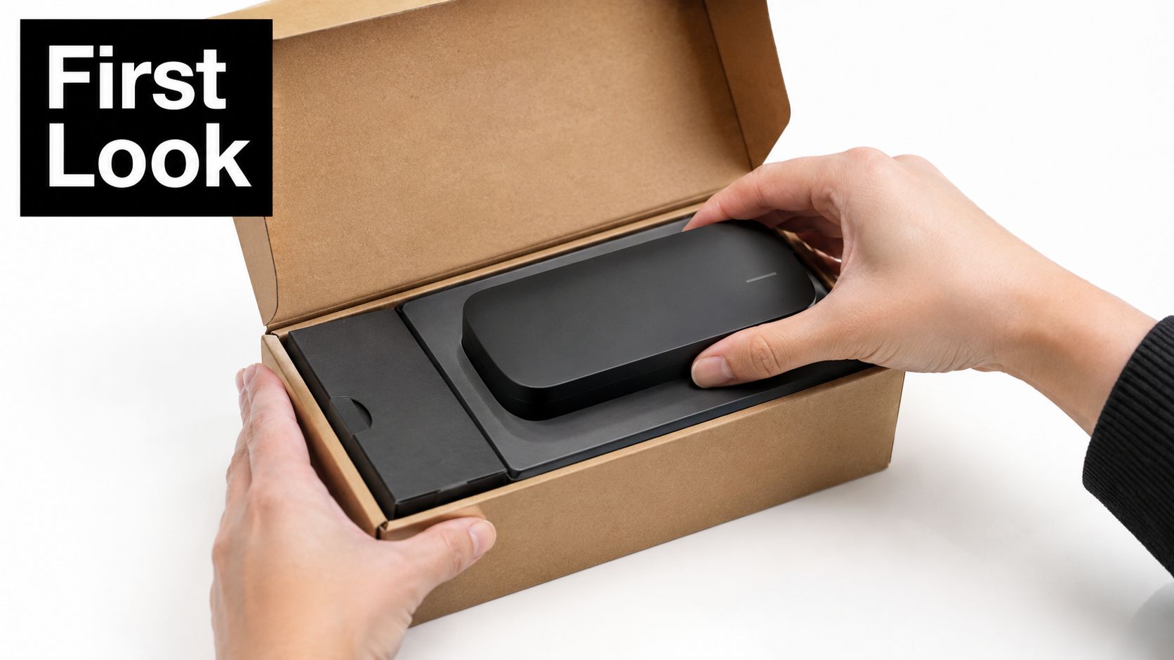 A person unboxing a black electronic device from a brown cardboard package on a white background.