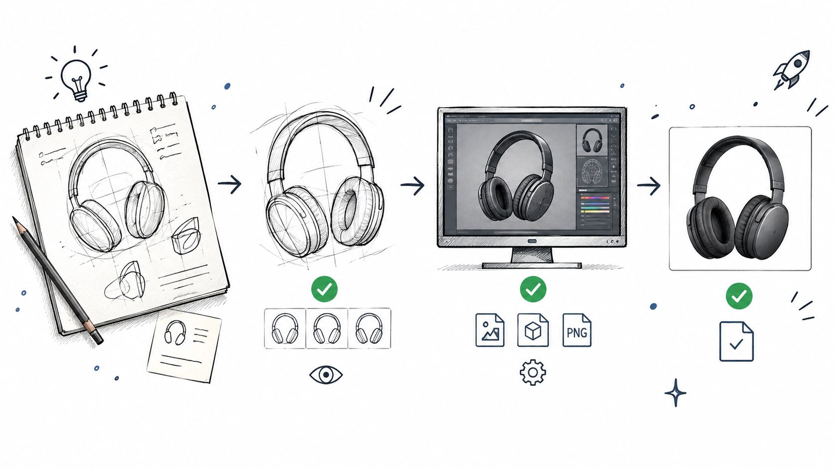 A conceptual diagram showing the four stages of creating and selling digital product headphone designs.