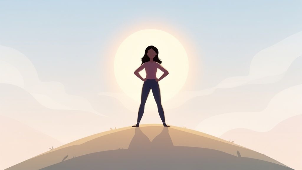 A strong woman stands empowered on a hilltop, silhouetted by a vibrant sunrise.