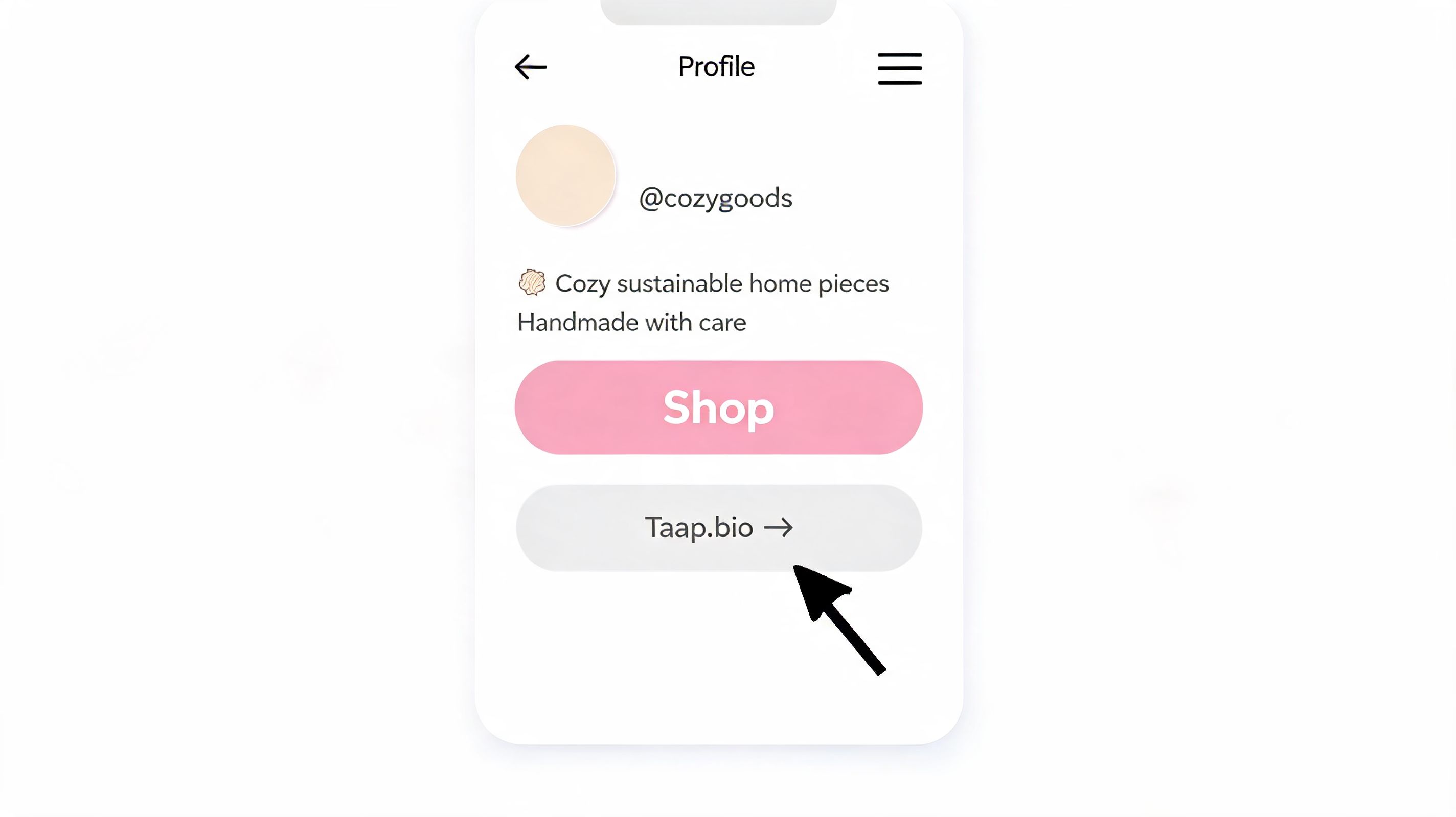 A mobile interface screen showing a shop profile with a pink Shop button and a link to Taap.bio.