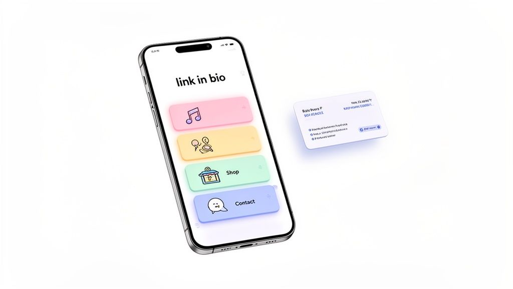 An iPhone displays a 'link in bio' page with colorful buttons for music, activities, shop, and contact, next to a white digital card.