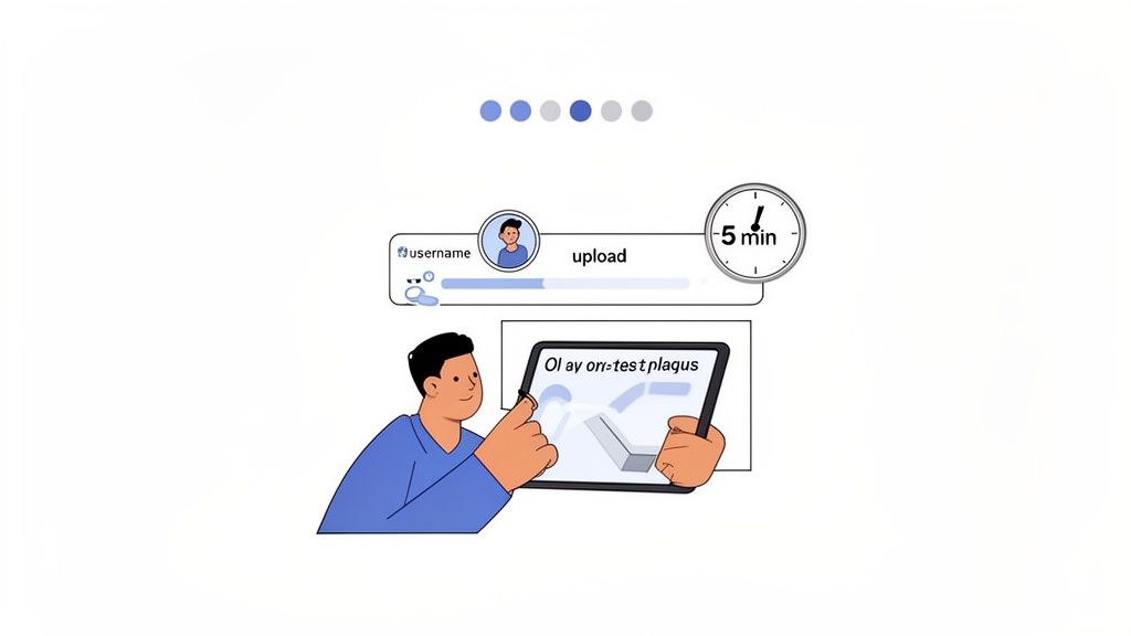 Illustration of a man interacting with a tablet, uploading data to a social media profile with a progress bar.