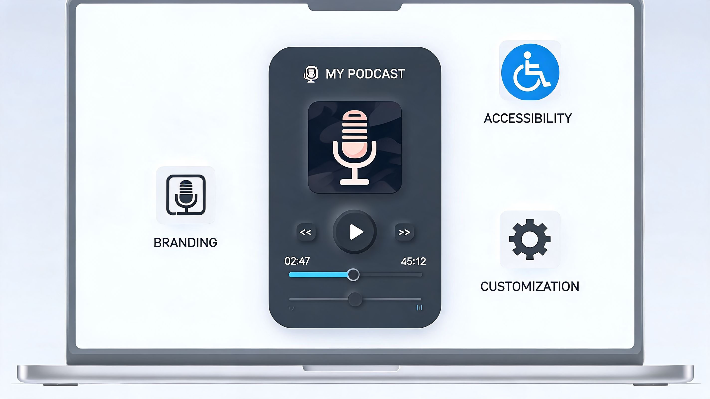 A digital interface display on a laptop screen featuring a podcast player alongside branding, accessibility, and customization icons.