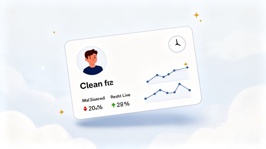 An animated data card featuring a profile, charts, and metrics, surrounded by clouds and stars.