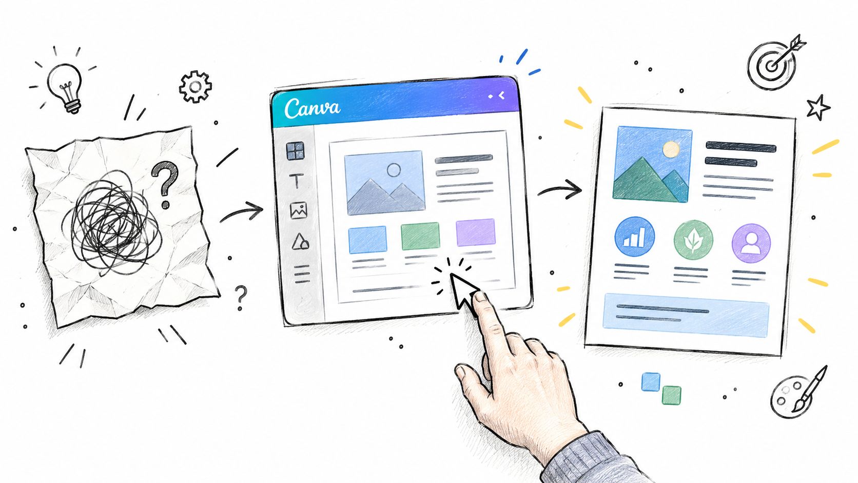 A hand using a mouse to edit a design on the Canva interface, transforming ideas into finished documents.