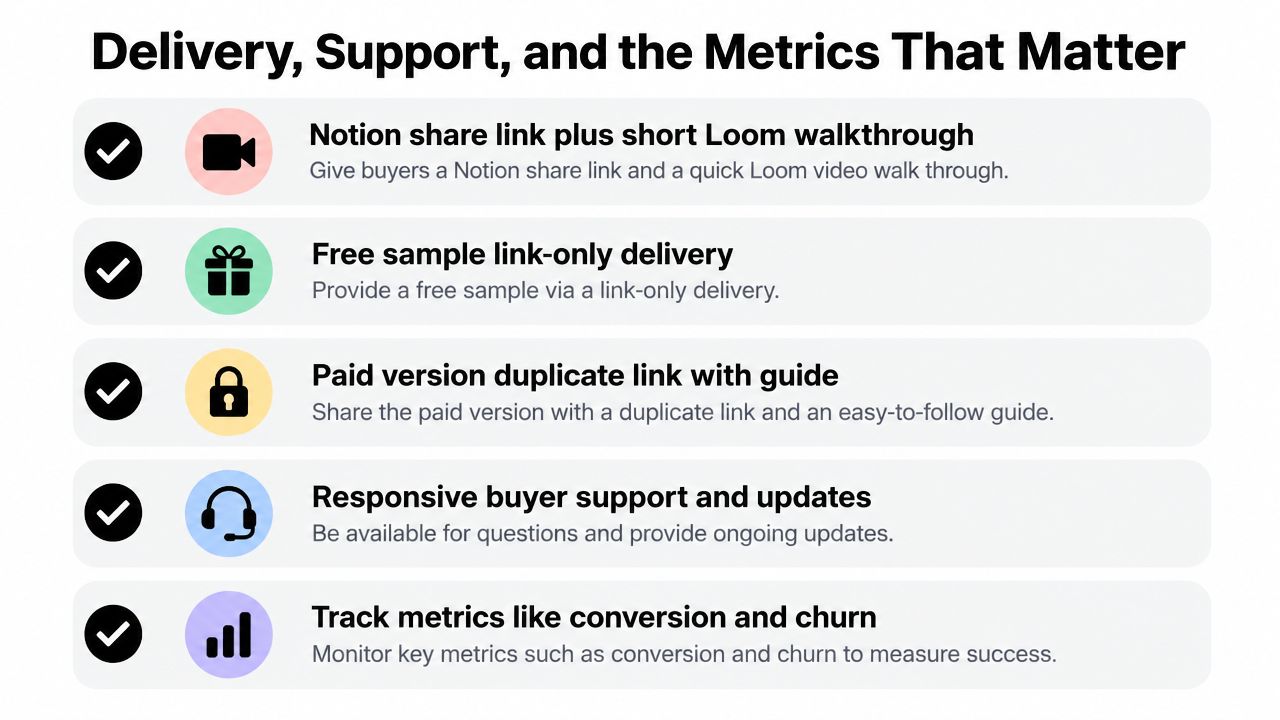 A list of five essential steps for selling Notion templates, covering delivery, customer support, and tracking key metrics.