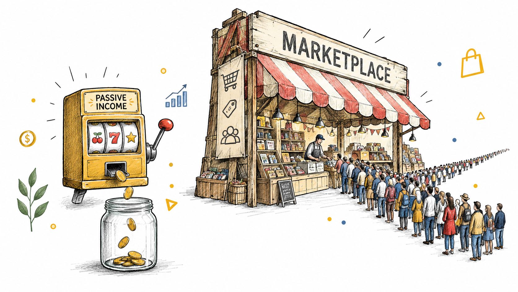 An illustration contrasting a passive income slot machine and a bustling marketplace with a long queue of customers.