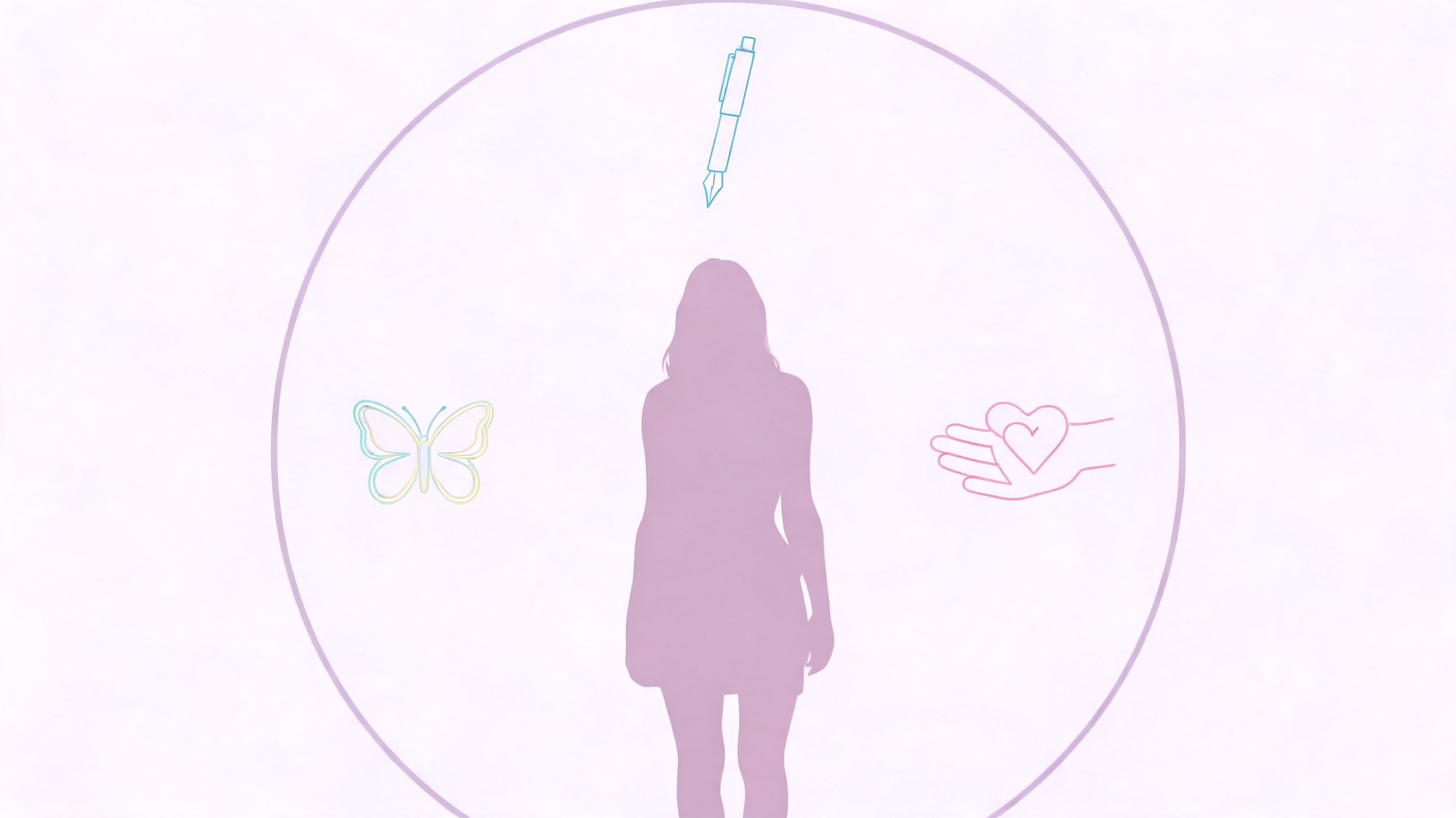 A purple silhouette of a woman standing inside a circle with icons of a pen, butterfly, and heart.