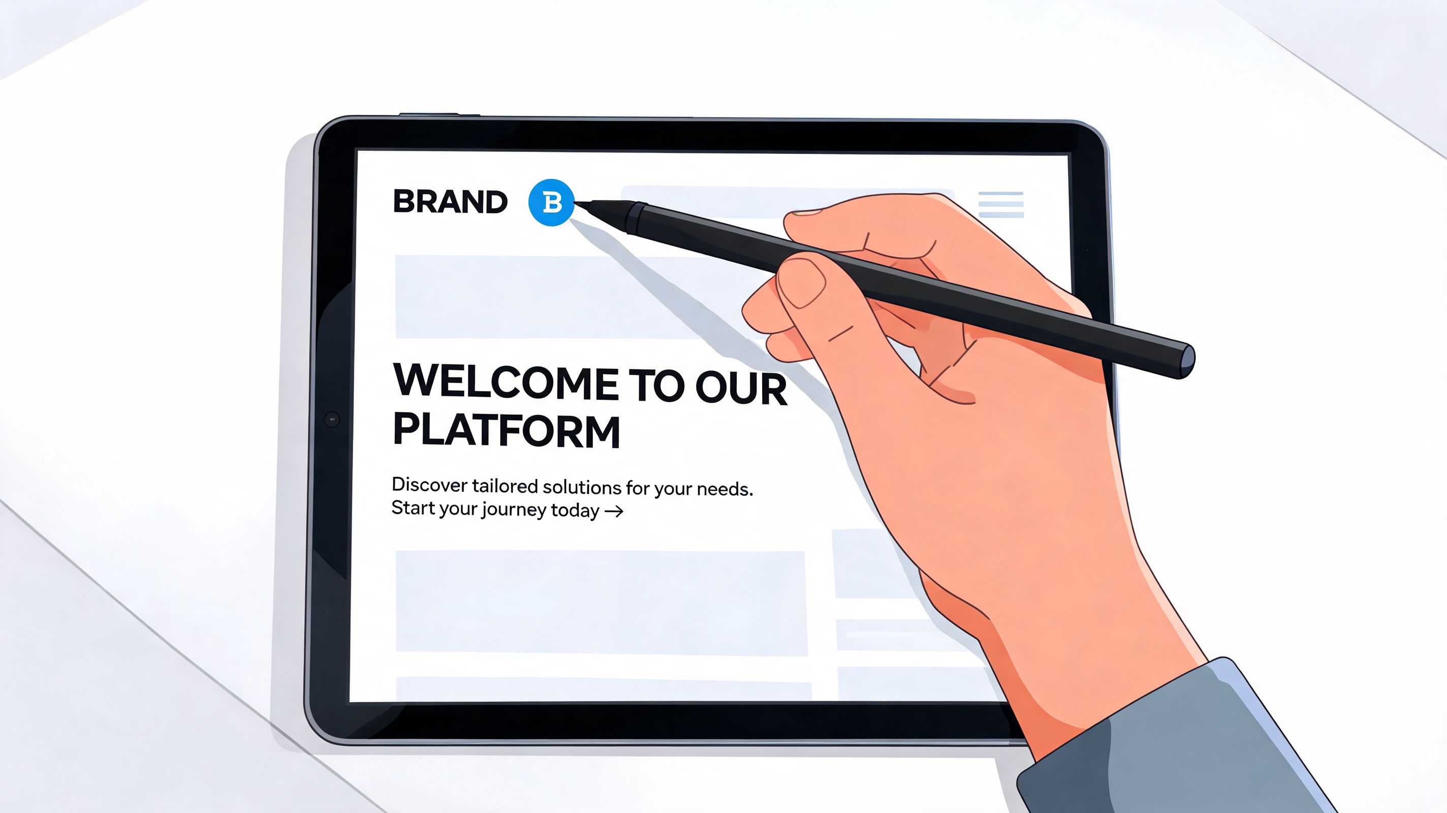 A hand using a stylus to navigate a custom landing page builder on a digital tablet screen.