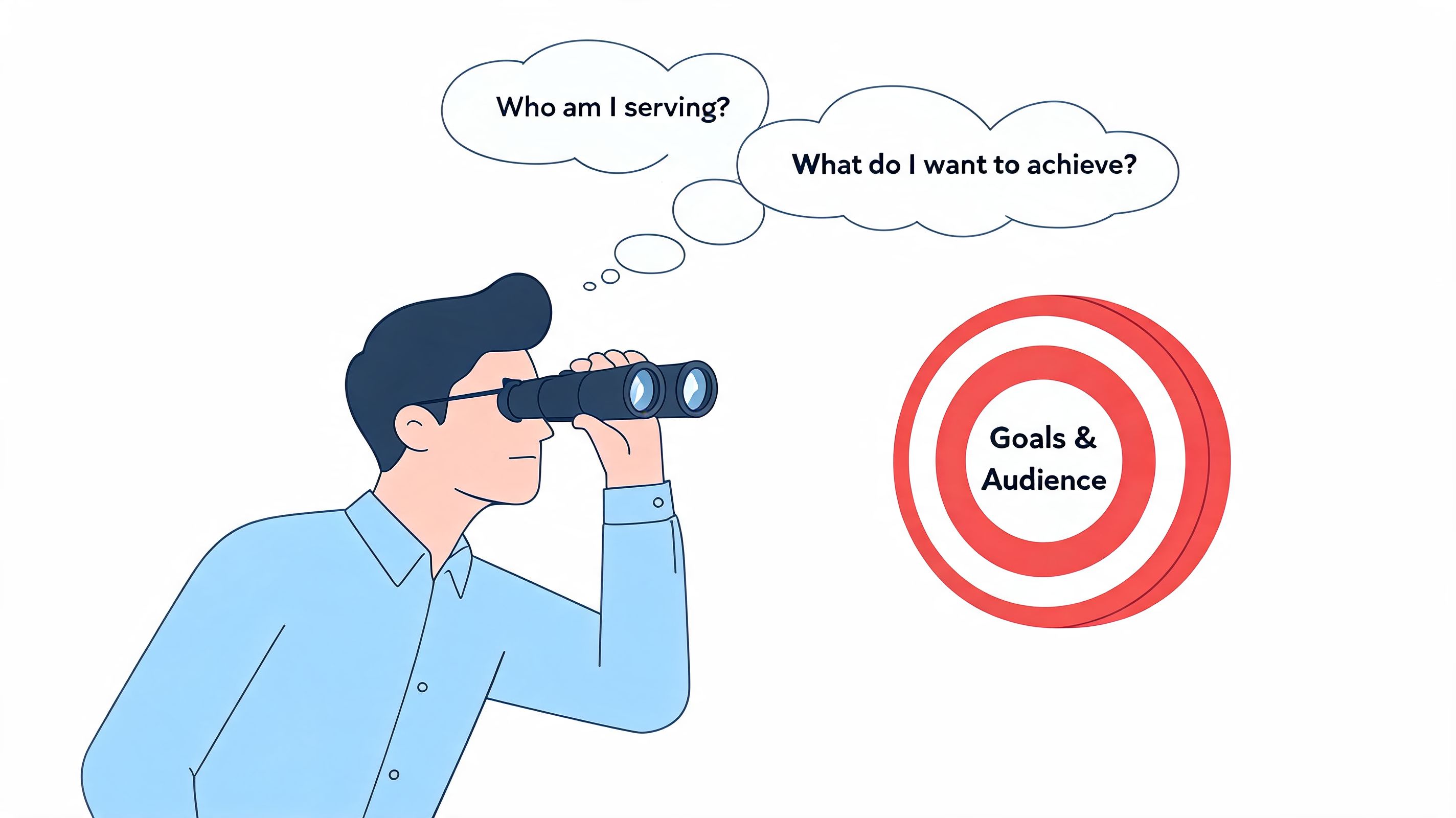 A businessman looking through binoculars at a target labeled with goals and audience representing marketing strategy.