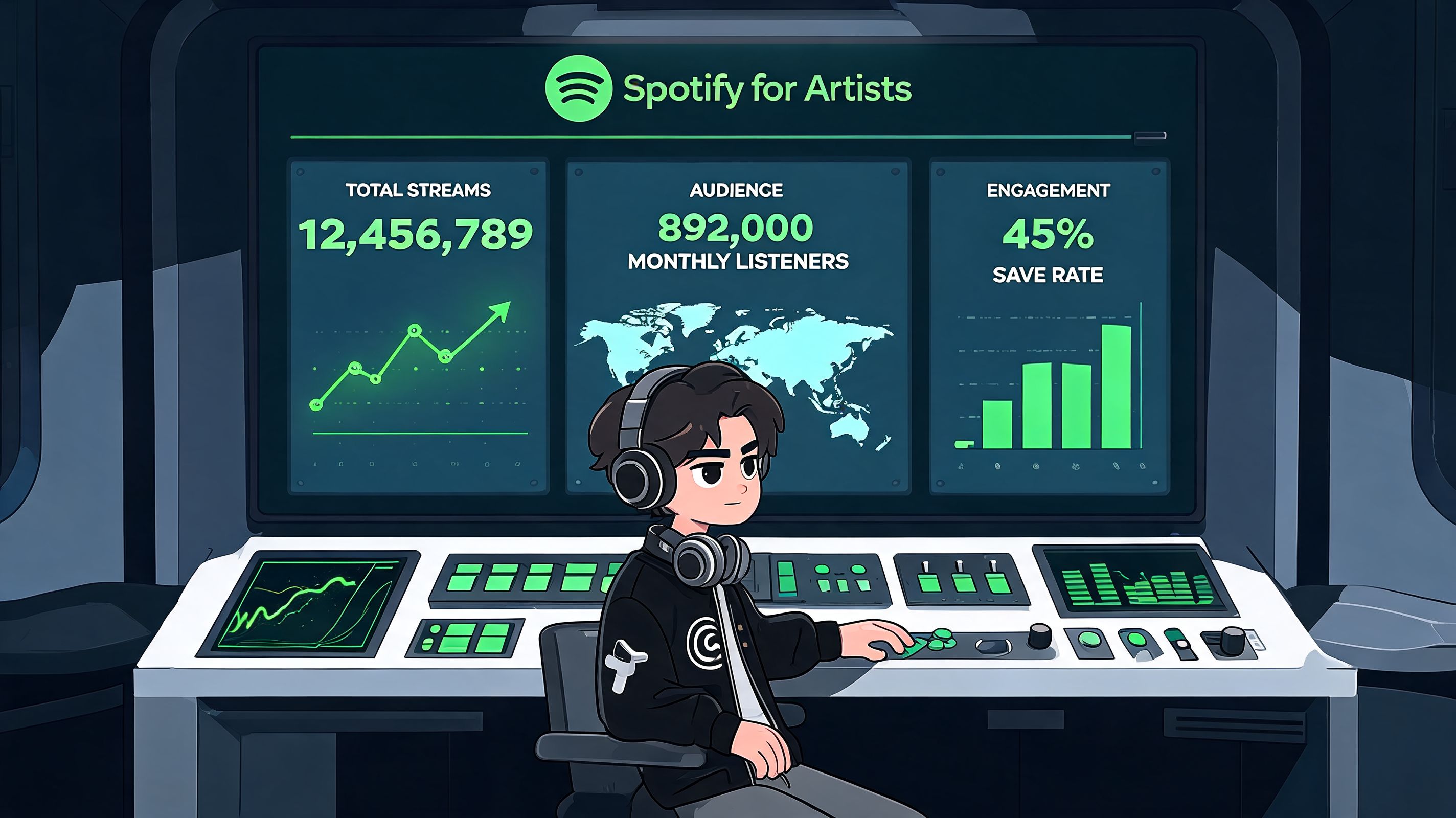A young music artist sitting at a futuristic control panel monitoring their Spotify performance metrics and statistics.