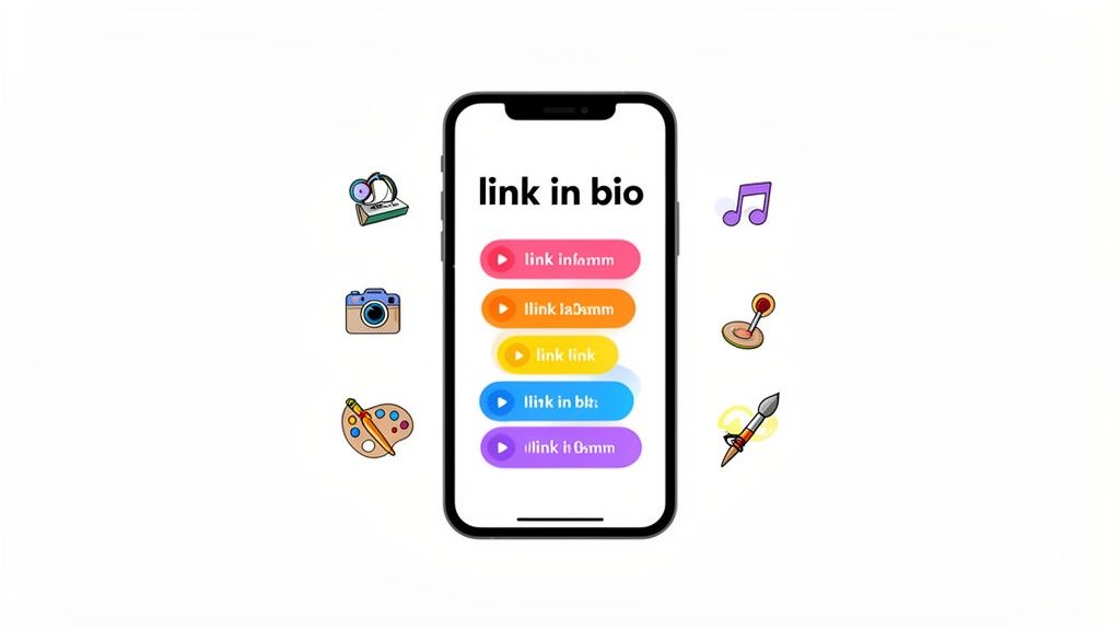 A smartphone displays a 'link in bio' page with multiple colorful buttons, surrounded by creative icons.