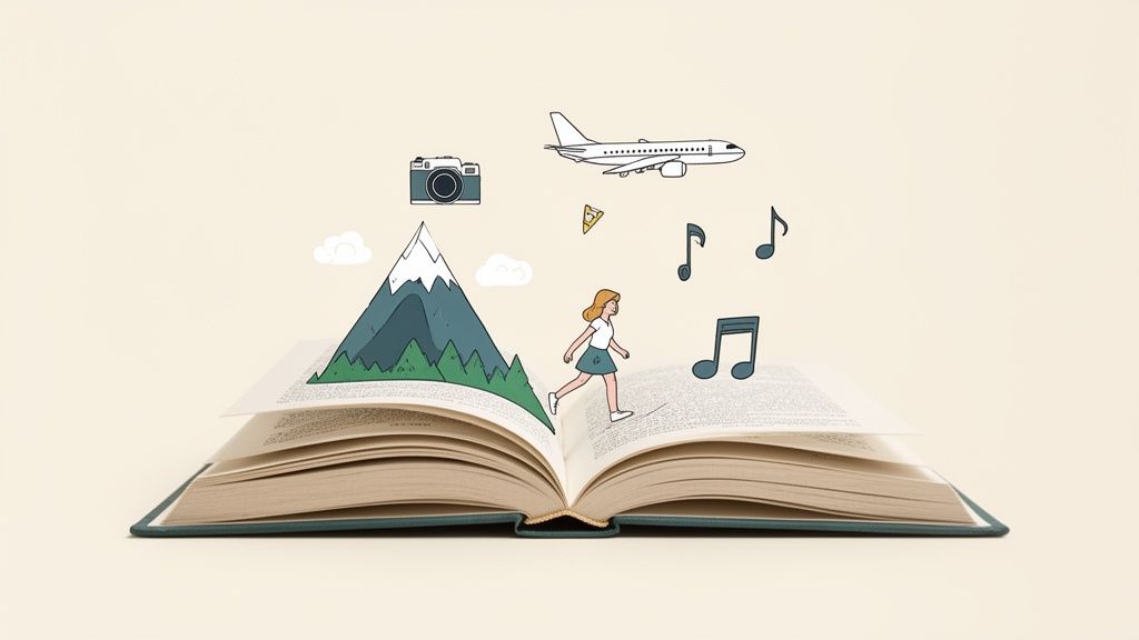 An open book reveals pop-up illustrations of a mountain, woman, plane, camera, and music notes, symbolizing journeys and inspiration.