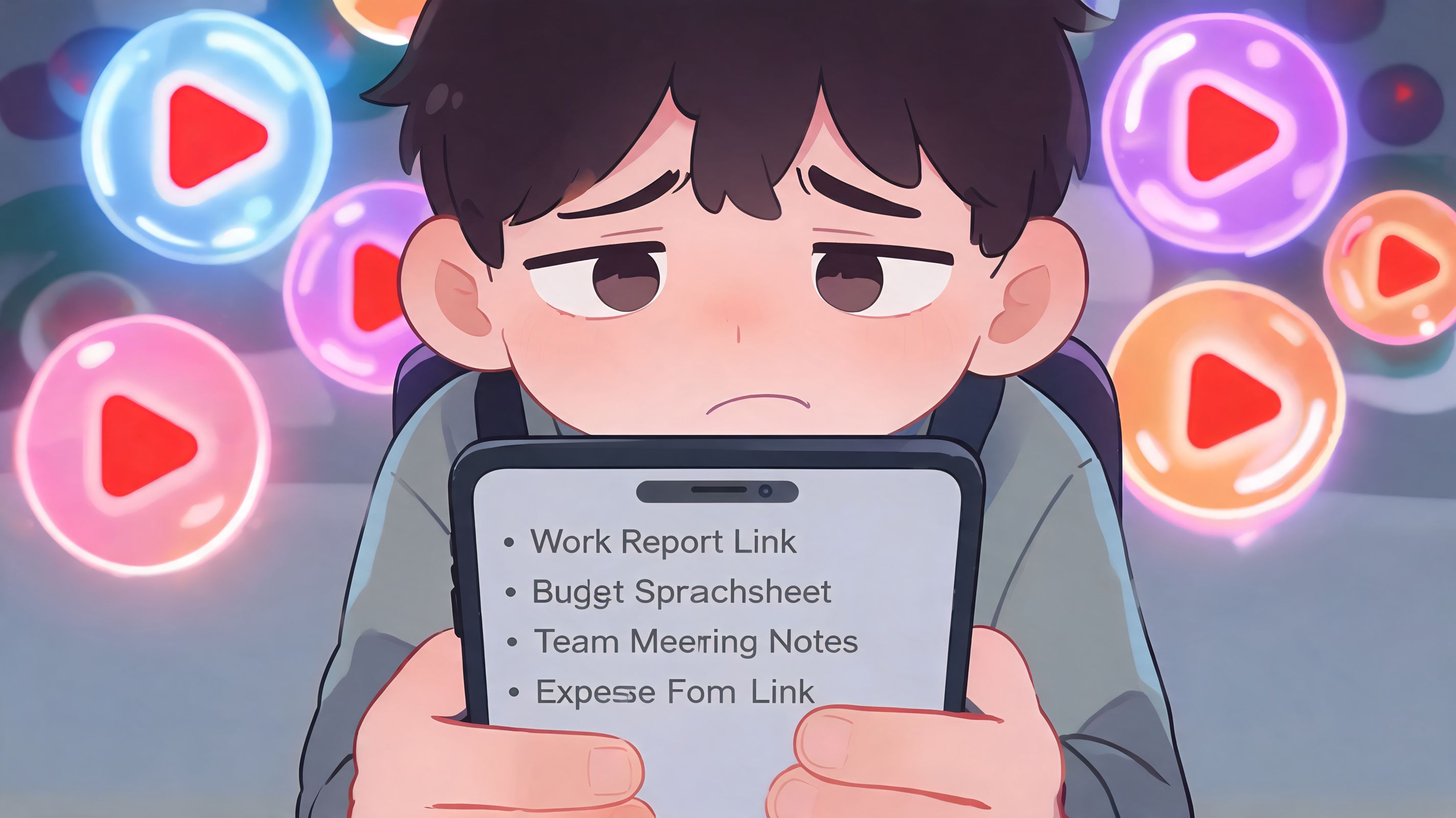 A sad, tired child holds a tablet displaying various work-related list items while surrounded by floating video icons.