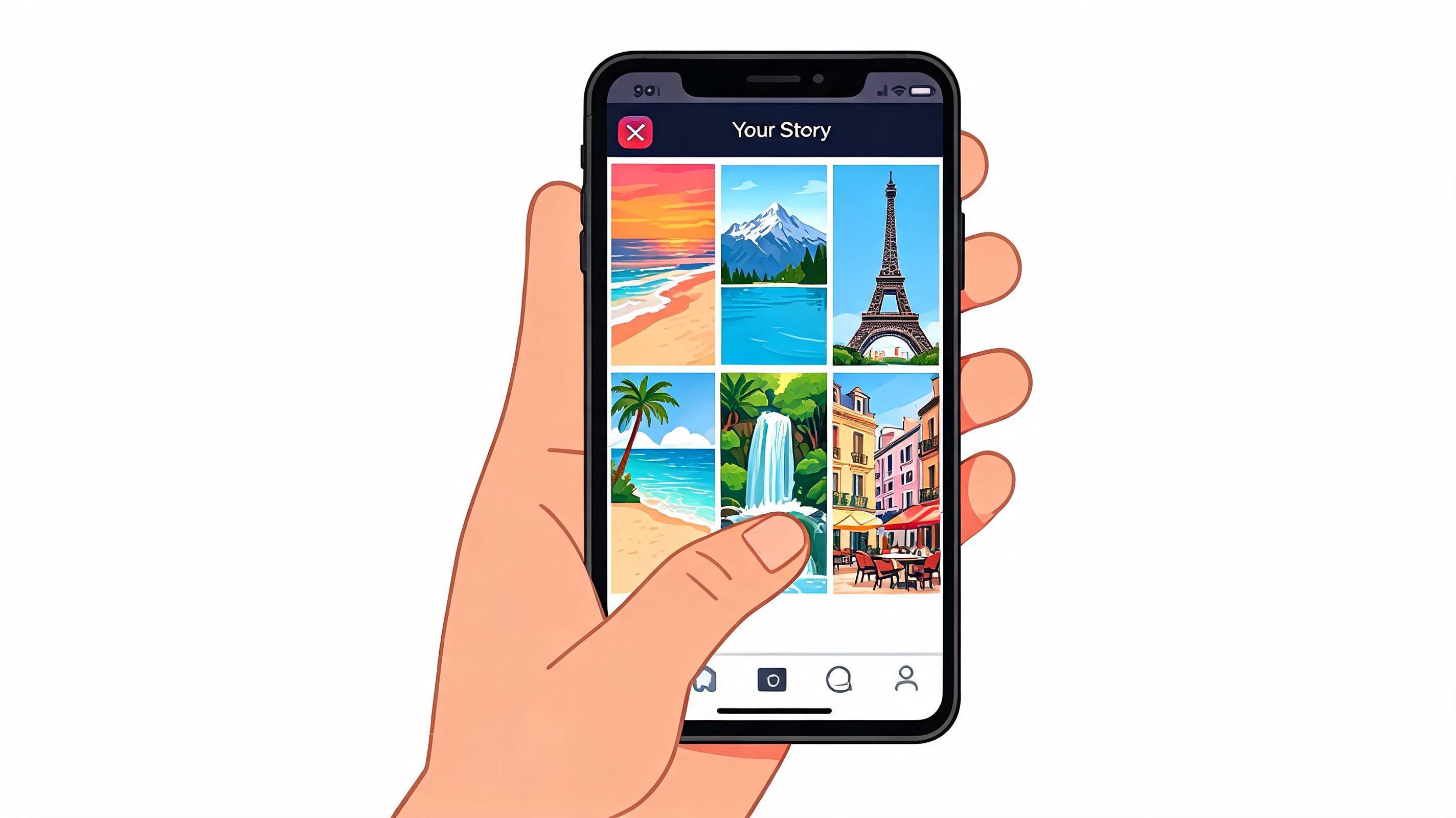 A smartphone held in hand showing a photo collage of travel destinations on an Instagram story interface.