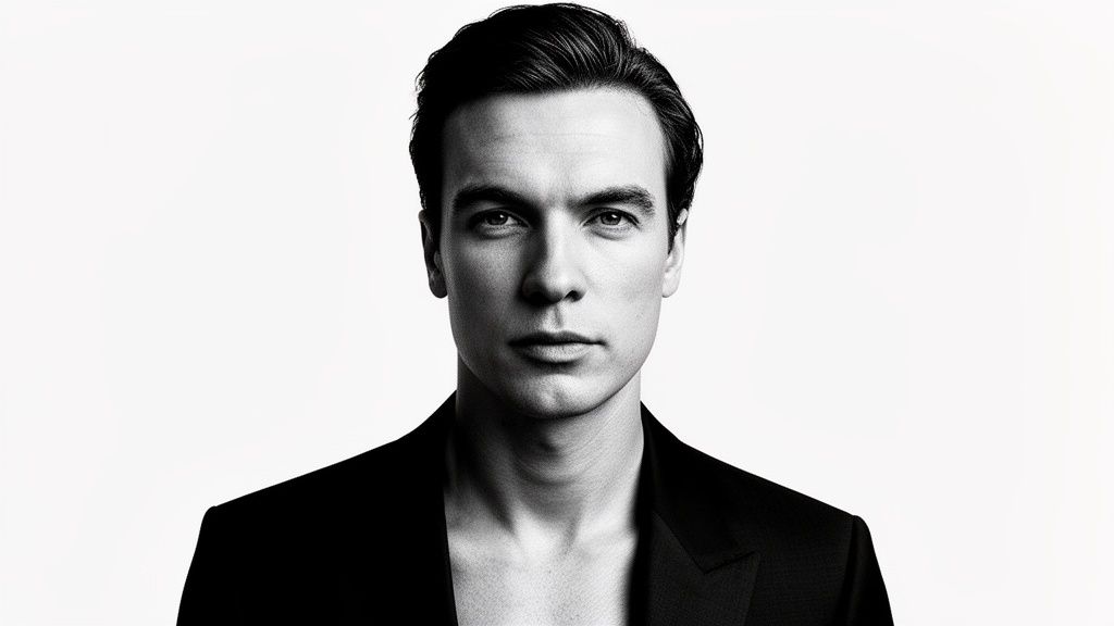 Black and white portrait of a handsome man in a suit looking directly at the camera.