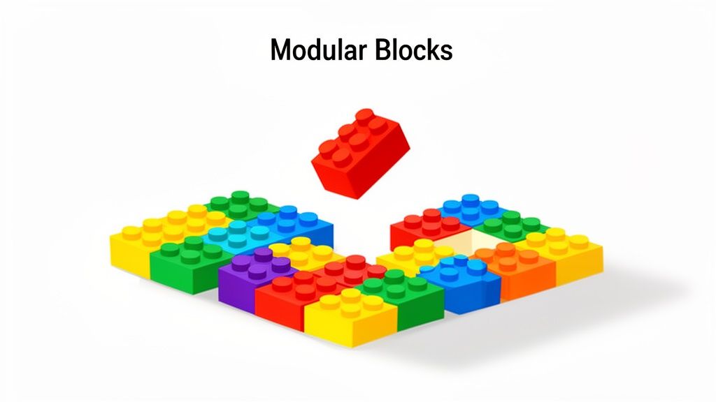 Colorful Lego-style modular blocks arranged in patterns with a red block floating above.