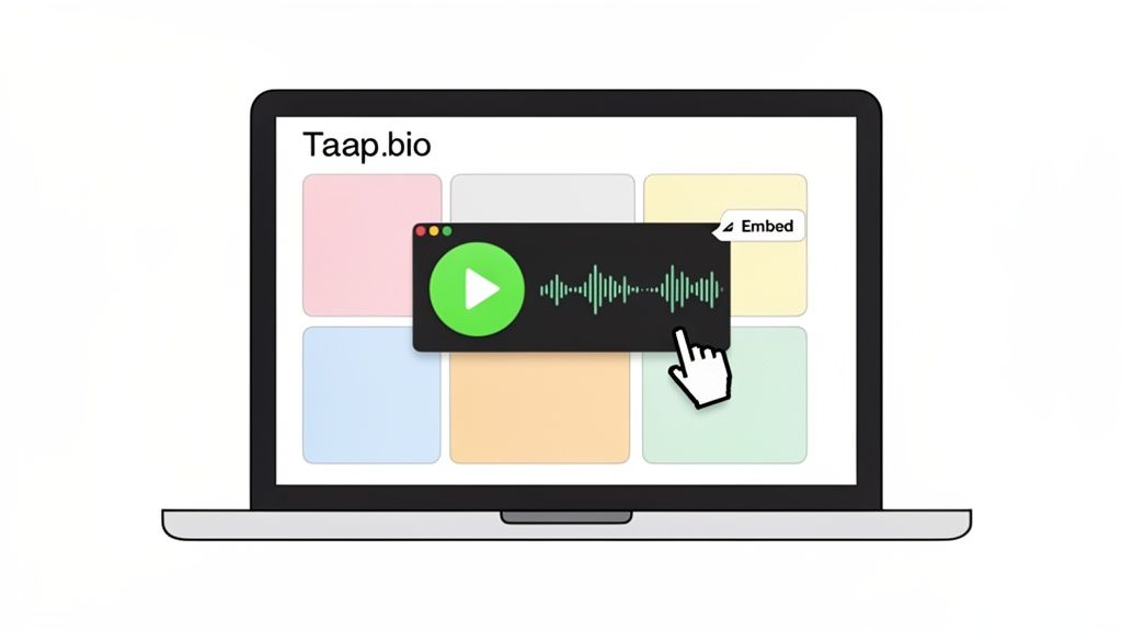 Laptop screen shows a Taap.bio page with an audio player, a hand selecting the 'Embed' option.
