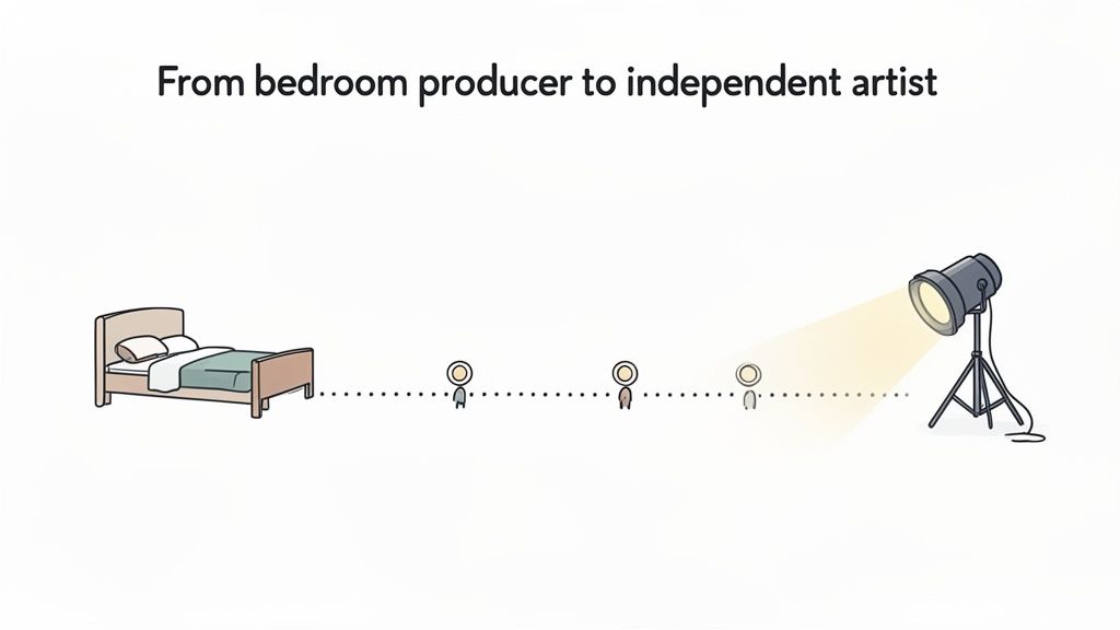 Illustration showing a journey from a bed to a stage spotlight with small figures, symbolizing an artist's progression.