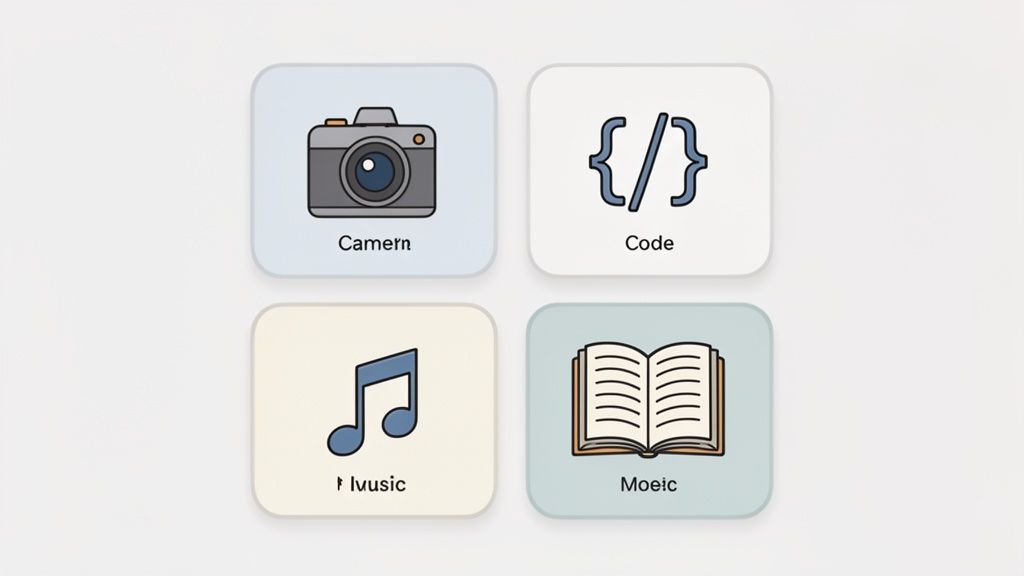 Four distinct icons: a camera, code symbol, music note, and open book, representing various categories.