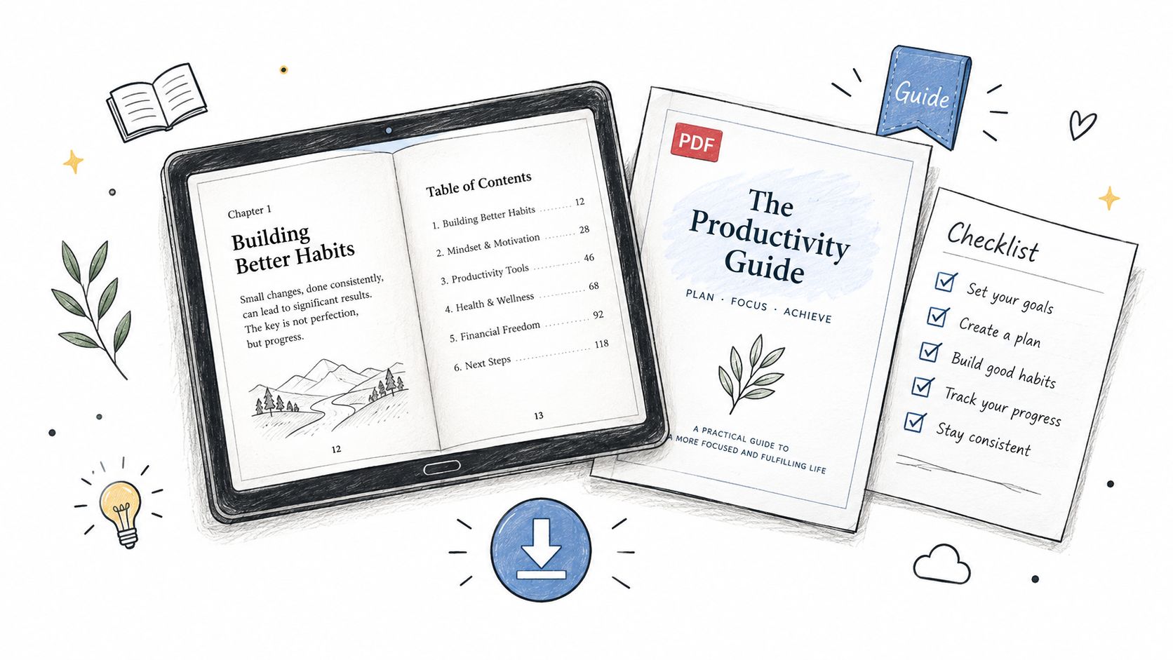 A tablet and digital documents representing a productivity guide, checklist, and various planning resources for personal growth.