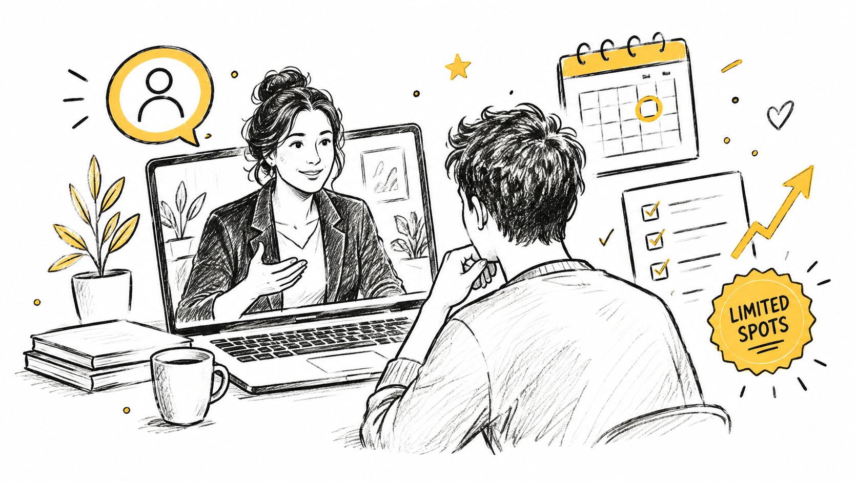 A hand-drawn sketch of a person attending an online meeting with a professional on a laptop screen.