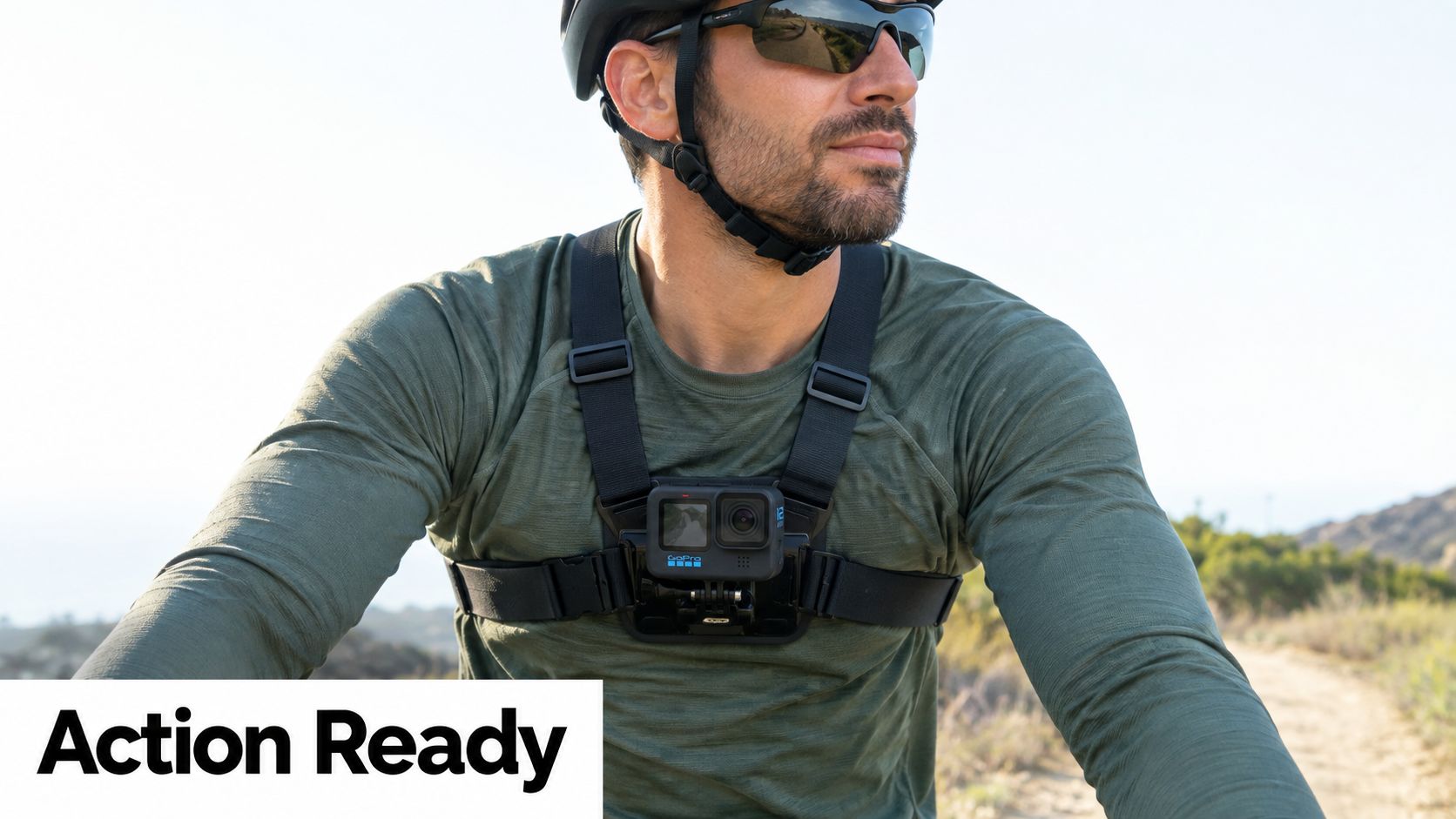 A cyclist wearing a chest-mounted GoPro camera while riding on an outdoor trail under the sun.