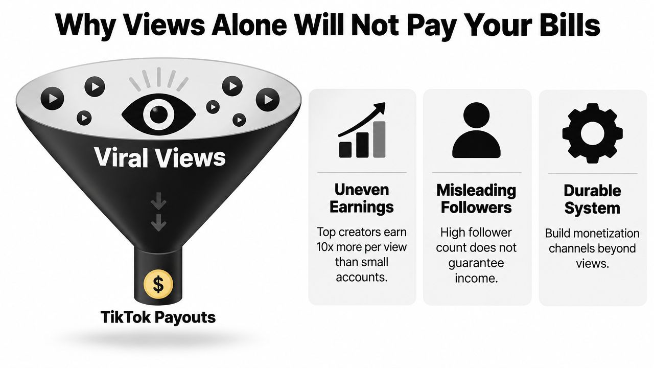 A graphic explaining why viral TikTok views are not a reliable way to make consistent money.