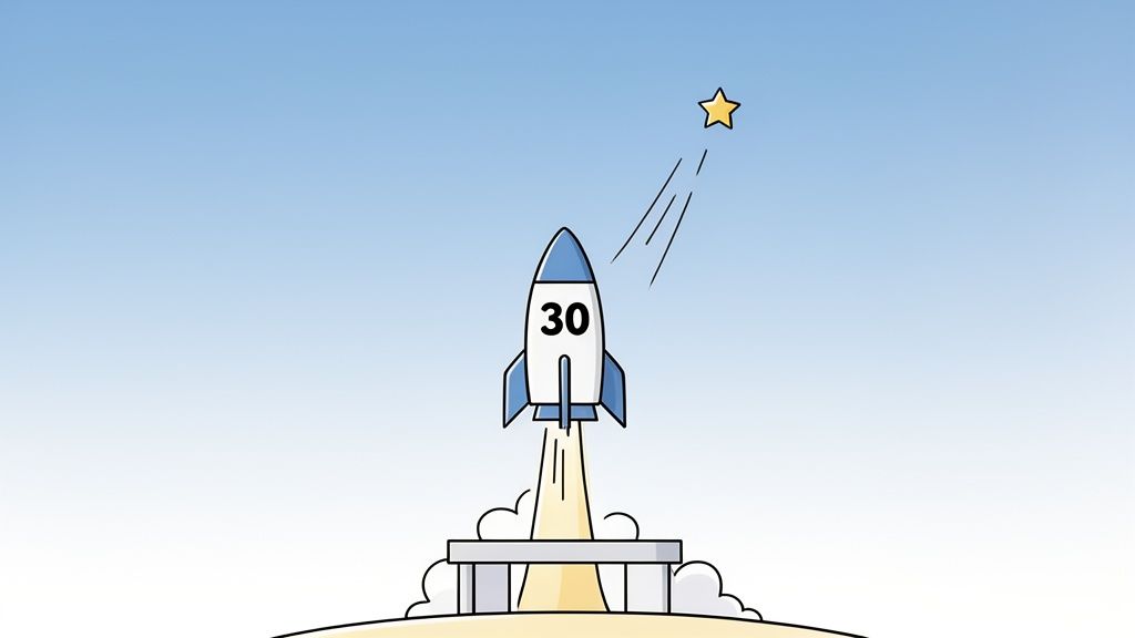 A cartoon rocket with the number 30 blasts off towards a yellow star in a blue sky.