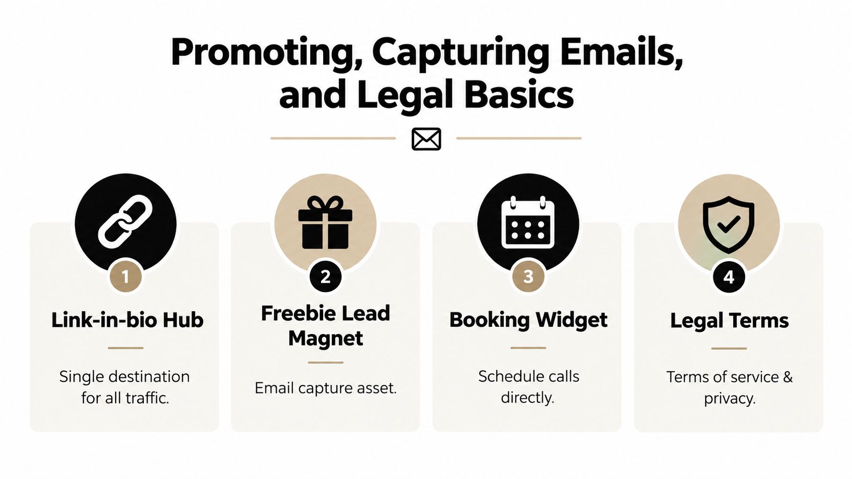 An infographic showing four essential steps for digital business success including link hubs, lead magnets, and booking.