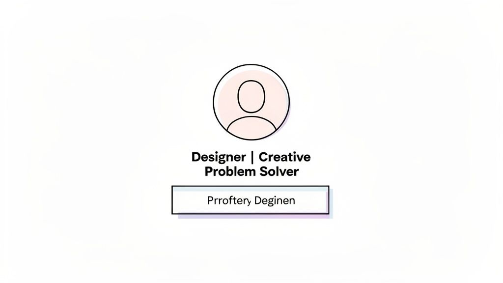 A minimalist profile graphic featuring a person icon, 'Designer | Creative Problem Solver' text, and a name.