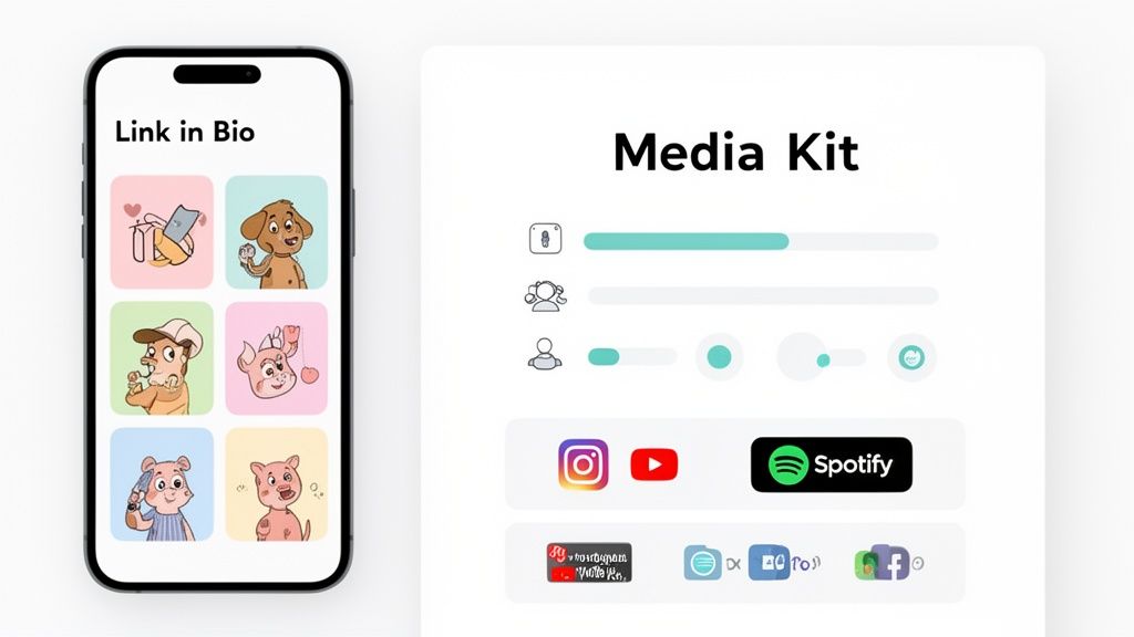 A mobile phone displaying a 'Link in Bio' page and a 'Media Kit' dashboard with social media icons.