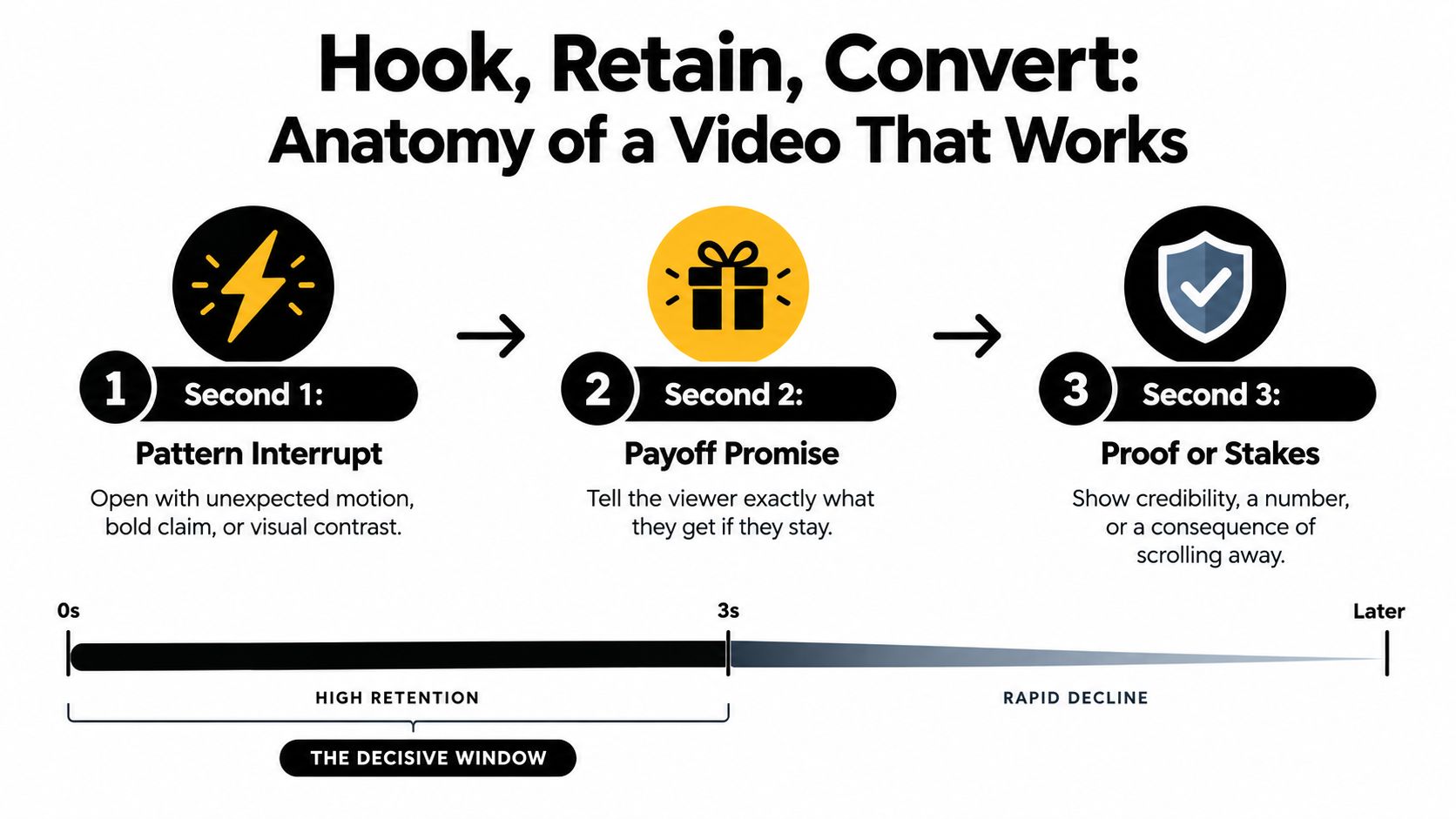 A diagram illustrating the three-step anatomy of effective short-form video: pattern interrupt, payoff promise, and proof.