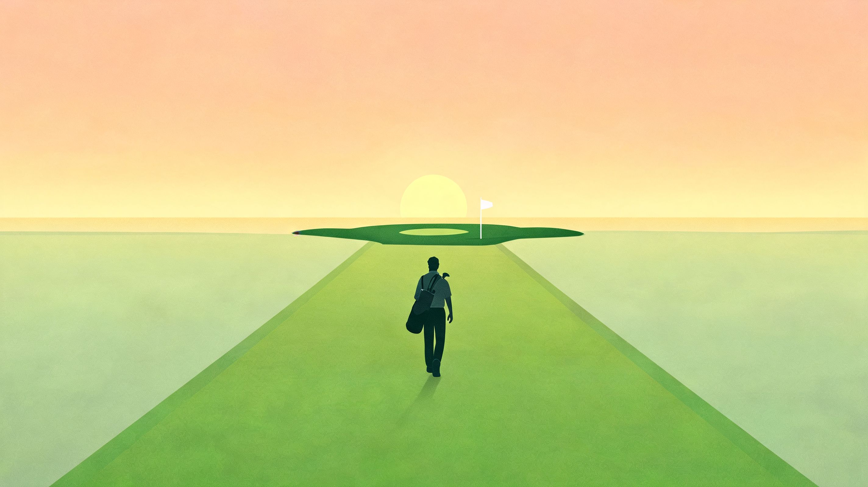 A solitary golfer walks along a fairway towards a green flag during a serene golden sunset.
