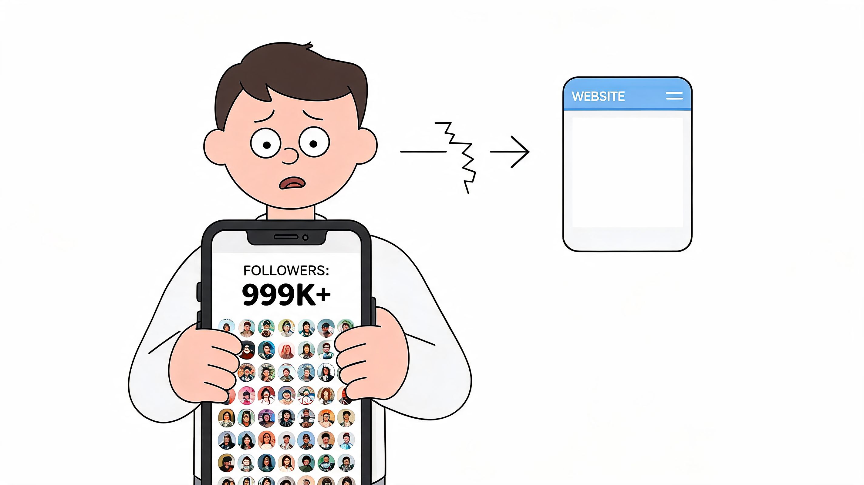 A worried person holding a smartphone showing many social media followers, transitioning to a blank website.