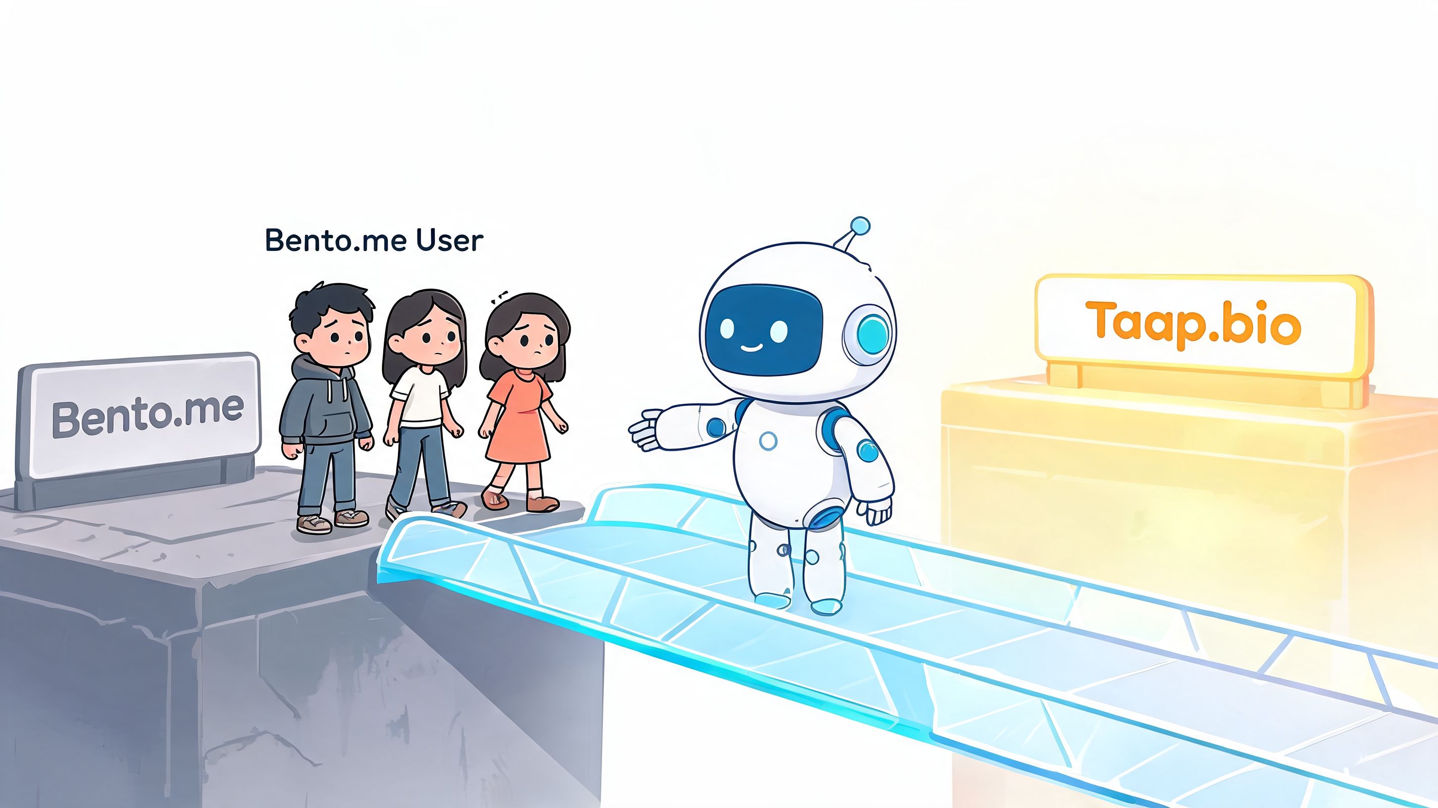 A friendly robot guides three people from a Bento.me platform towards a bright Taap.bio website bridge.