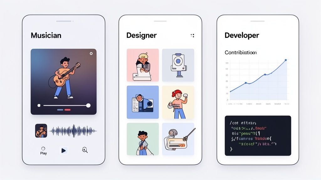 Three mobile app screens displaying user profiles for a Musician, Designer, and Developer with content.