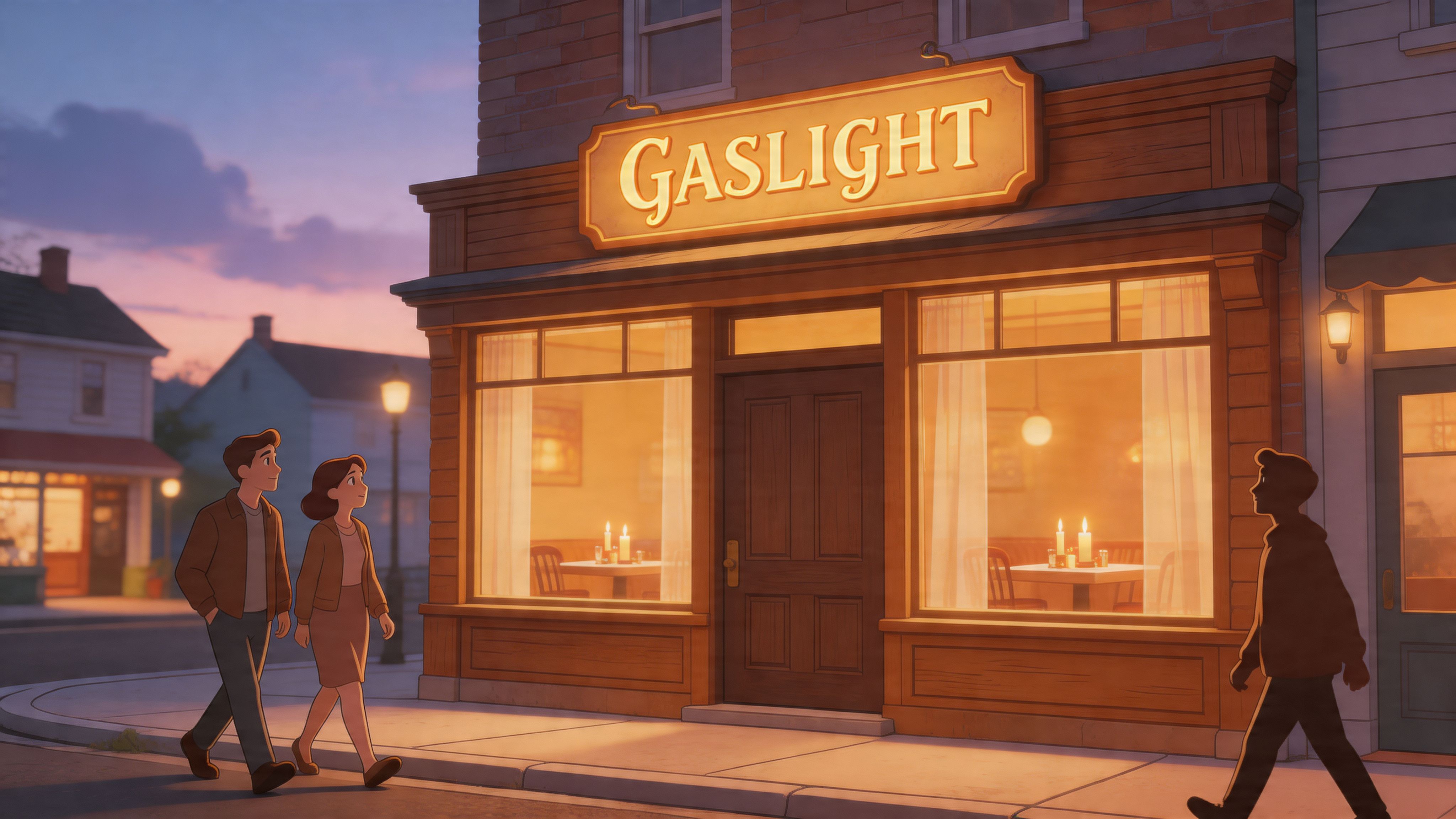 A couple walking down the sidewalk in front of a warm, illuminated restaurant named Gaslight at sunset.