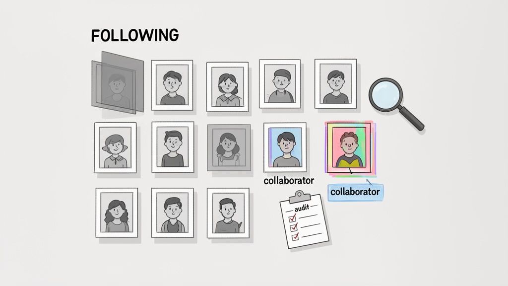 A grid of profile pictures under 'FOLLOWING', highlighting collaborators and an audit checklist.