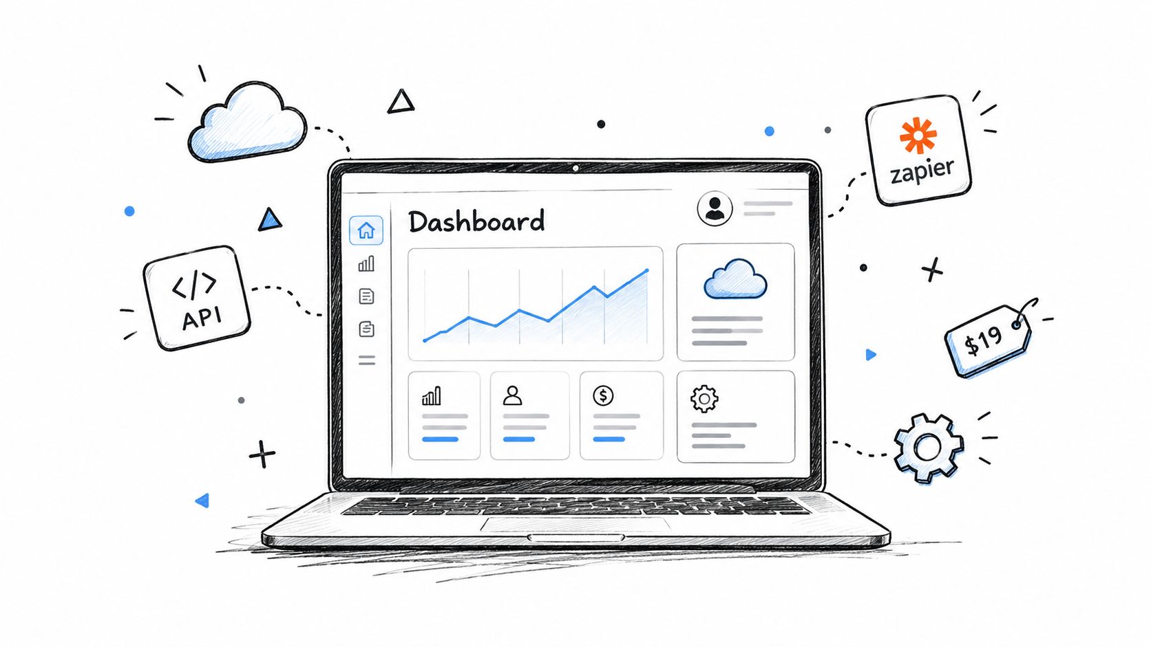 A sketched illustration of a laptop displaying a dashboard interface surrounded by icons like cloud, API, and Zapier.