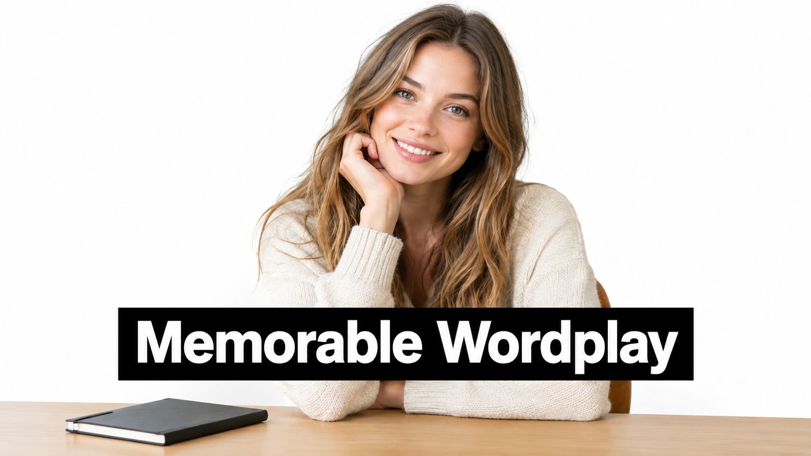 A smiling young woman resting her chin on her hand at a wooden desk with a notebook.