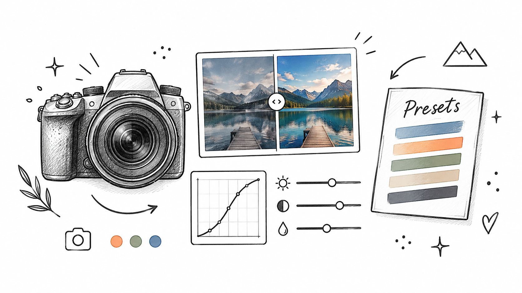 A digital illustration showing a smartphone template, a spreadsheet, and a presentation slide for creative work.
